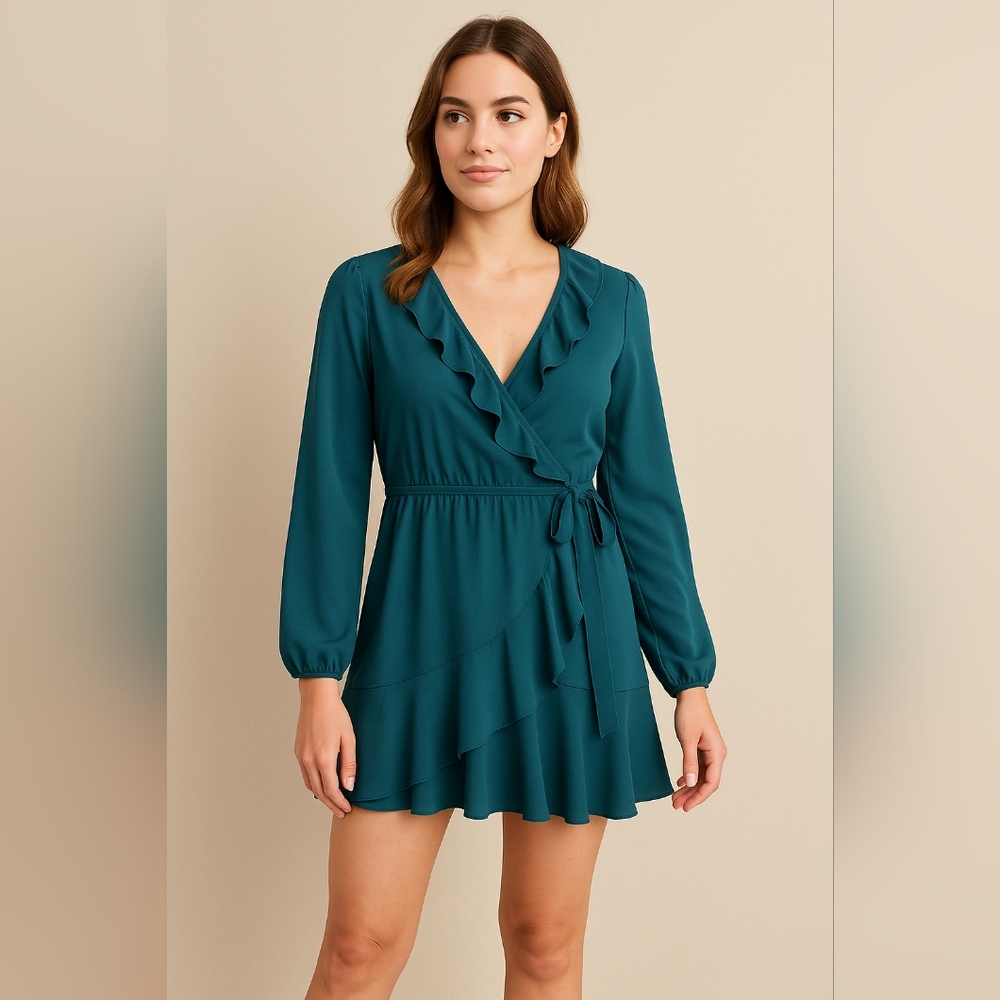 Express Women’s Teal Ruffle Wrap Dress – Long Sleeve Mini Dress